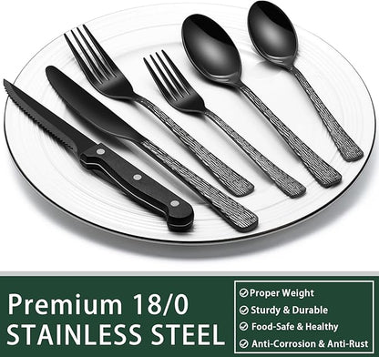EWFEN 24-Piece Black Silverware Set with Steak Knives, Black Flatware Set for 4, Food-Grade Stainless Steel Tableware Cutlery Set, Mirror Finished Utensil Sets for Home Restaurant, Tree Pattern - Image 5