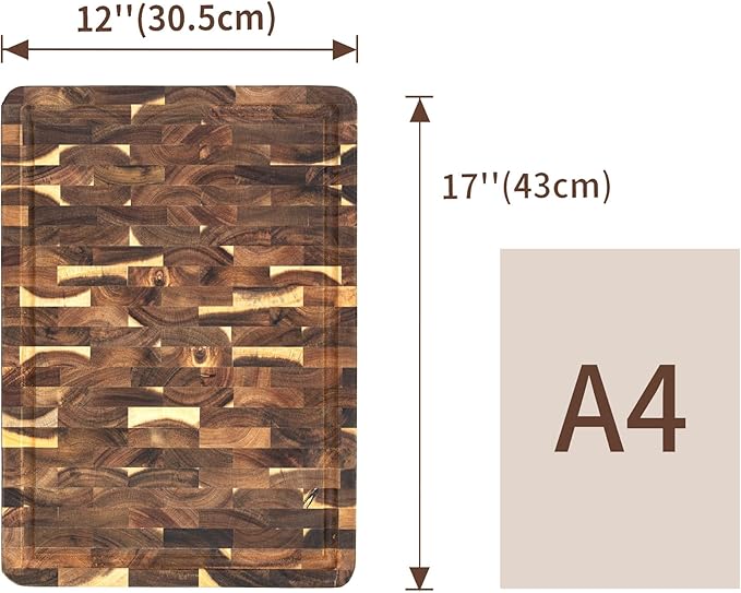 Utoplike Acacia Cutting Board 17 x 12 IN, Wood End Grain Chopping Board with Single-side Juice Groove and Handles, Reversible Butcher Block for Meat, Vegetables, 1.38"Th