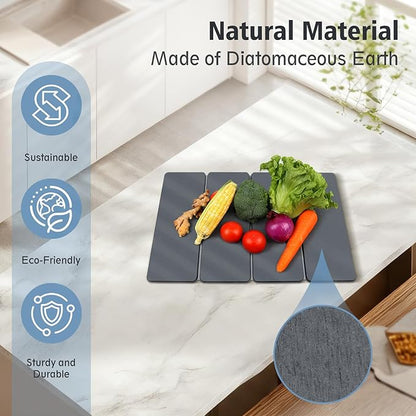 Large Stone Drying Mats for Kitchen Counter, Quick Dry Stone Dish Drying Mat 24"(L)×16"(W), Foldable Absorbent Diatomaceous Pad for Dish Rack, Plates, Cups, Pans