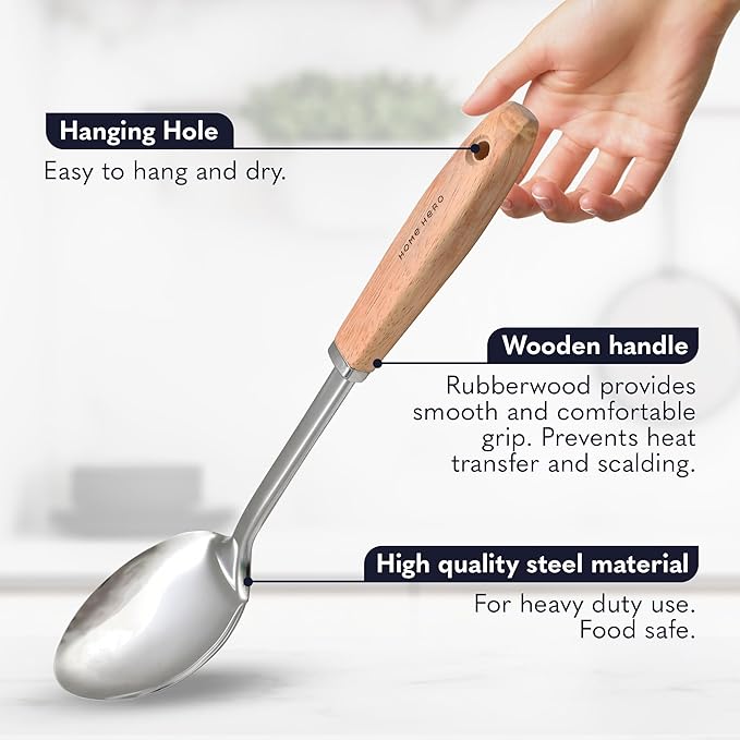 Home Hero Stainless Steel Kitchen Utensils Set - Wood Handle Nonstick Stainless Steel Cooking Utensils Set - Heat Resistant Kitchen Essentials & Metal Kitchen Gadgets (Silver & Wood) - Image 4
