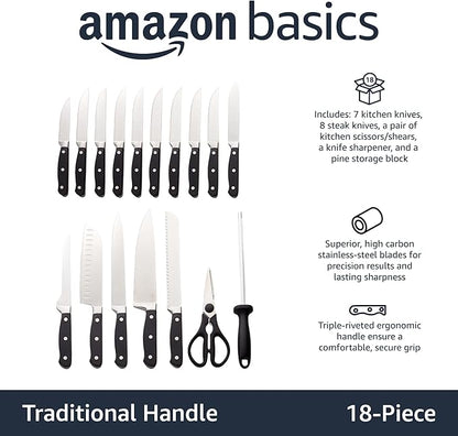 Amazon Basics 18-Piece Premium High-Carbon Stainless Steel Kitchen Knife Set with Built-in Sharpener, Ergonomic Handles, Pine Wood Block, Black