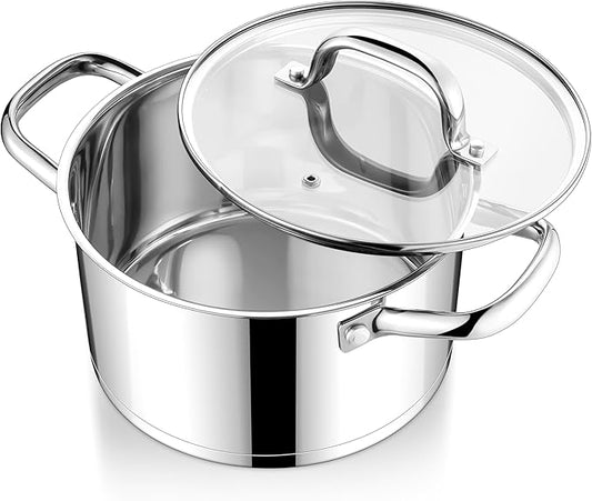 E-far Stainless Steel Stockpot, 5 Quart Pot with Glass Lid for Soup Pasta, Induction Nontoxic Cooking Pot for All Stoves, Thick Tri-Ply Bottom & Double Riveted Handle, Oven & Dishwasher Safe by E-far