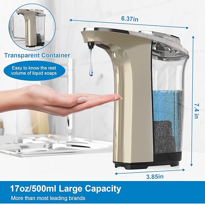 PZOTRUF Automatic Soap Dispenser, Touchless Dish Soap Dispenser 17oz/500ml with Infrared Sensor, 5 Adjustable Soap Dispensing Levels, Liquid Hand Dispenser for Bathroom Kitchen Sink(Champagne Gold) - Image 3