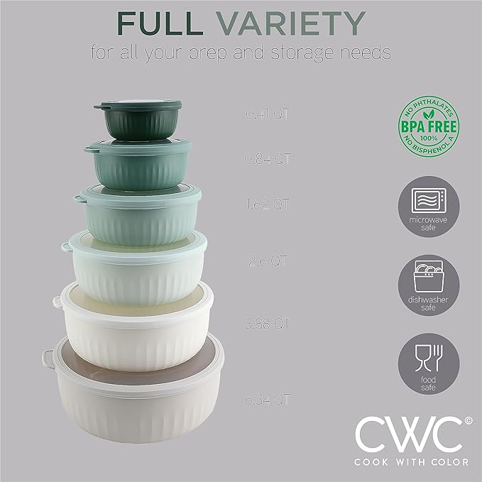 COOK WITH COLOR Prep Bowls with Lids- Wide and Deep Nesting Plastic Small Mixing Bowl Set with Lids, 12 Piece Set - Wide Bowls, Green - Image 3