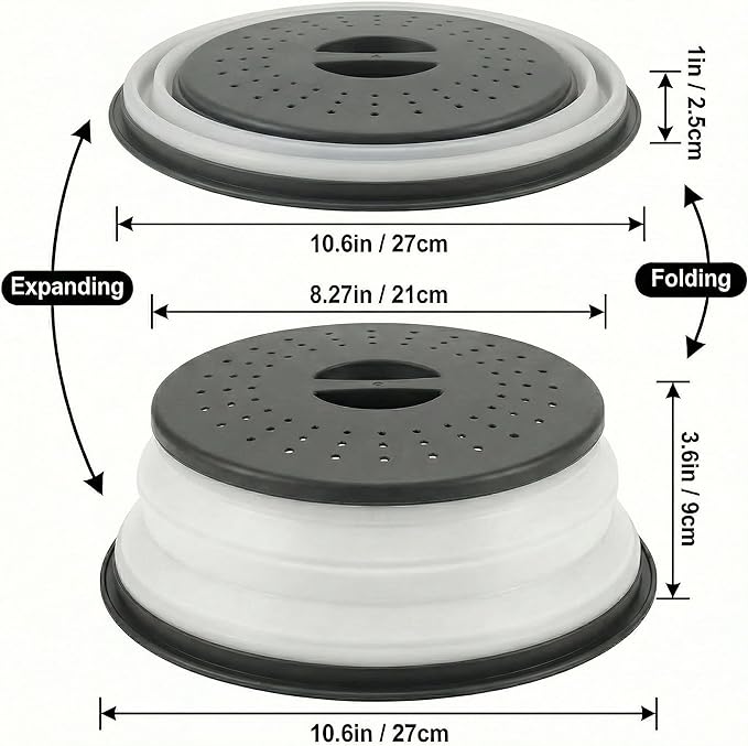 Collapsible Microwave Splatter Cover for Food, Vented Microwave Plate Cover Lid 10.5 inch, BPA-Free Silicone & Plastic, Dishwasher Safe, Multipurpose Colander for Fruit Vegetable, Black - Image 2