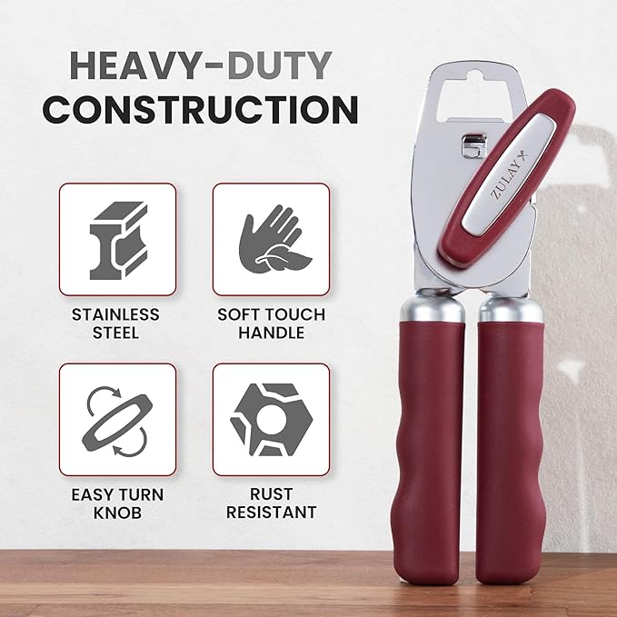 Zulay Kitchen Heavy Duty Stainless Steel Can Opener Manual with Bottle Opener - Rust Proof Manual Can Opener With Turn Knob & Comfy Soft Grip Handles - Deep Red - Image 3