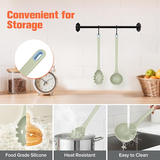 Silicone Spaghetti Spoon&Soup Ladle Cooking Utensils Set of 2,No Scratch for Nonstick Cookware,BPA Free, 450℉ Heat Resistant (Green) - Image 4