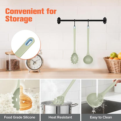 Silicone Spaghetti Spoon&Soup Ladle Cooking Utensils Set of 2,No Scratch for Nonstick Cookware,BPA Free, 450℉ Heat Resistant (Green) - Image 4