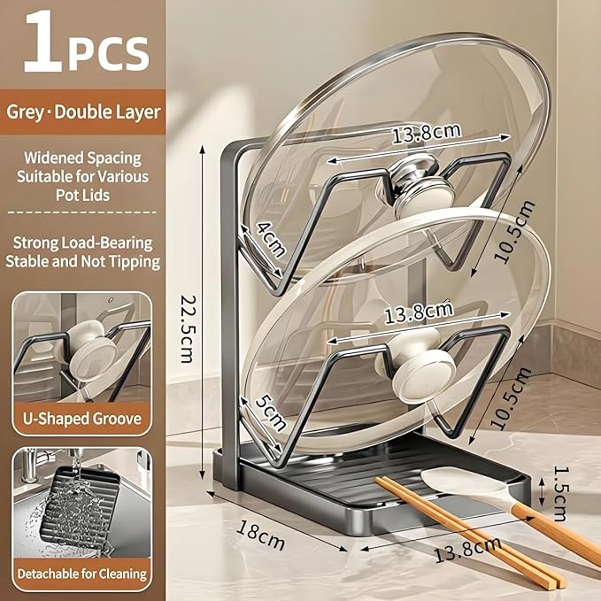 Lispin Kitchen Pot Lid Storage Rack, Pot Lid Holder With Tray, Lid Holder While Cooking, Lid And Spoon Rest, Multifunctional Kitchen Organizer Stand for Stove Top (Gray, Double-layer)