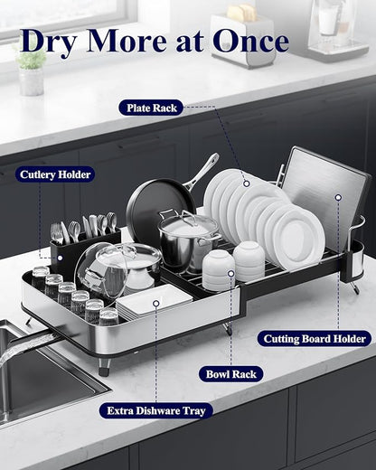 Kitsure Dish Drying Rack - Expandable Stainless Steel Dish Racks for Kitchen Counter, Auto-Drain Drying Rack for Kitchen with Cutlery Holder & Non-Slip Feet, 16.1-26.6" L x 12.6" W, Black - Image 2