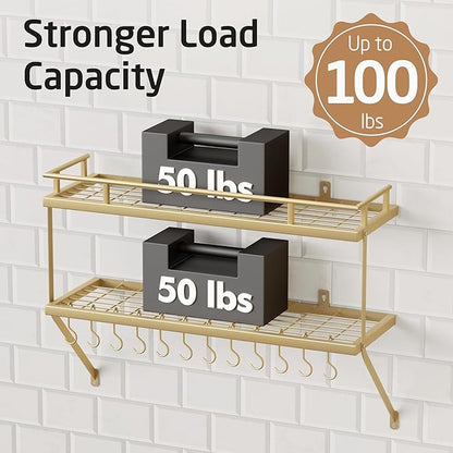 KES 30-Inch Gold Pot Rack Wall Mounted, 2-Tier Hanging Pot and Pan Organizer with 12 Sturdy Hooks, Elegant Modern Kitchen Wall Hanger Shelves, KUR215S75B-GD - Image 3