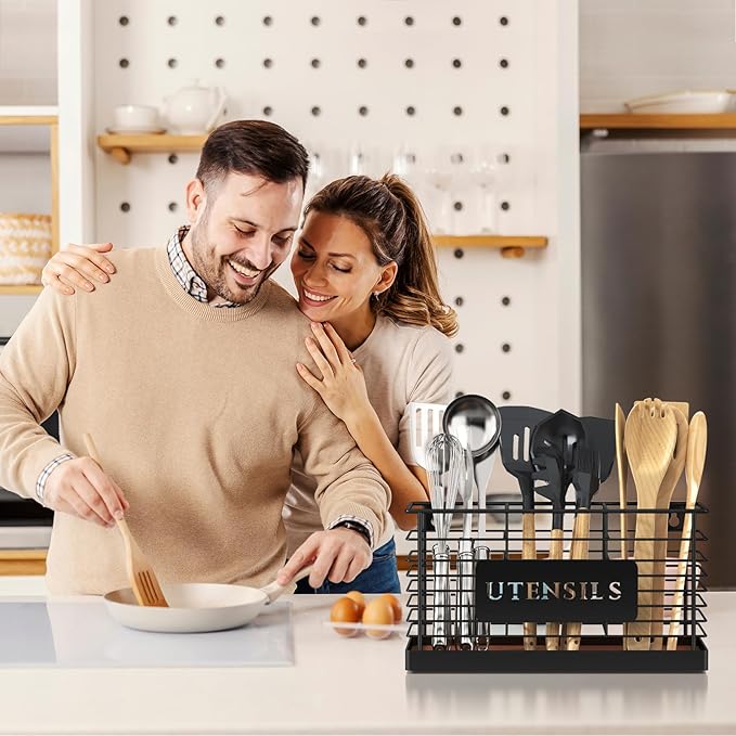 THYGIFTREE Utensil Holder for Kitchen Counter Large Black Metal Cooking Utensil Organizer 3 Compartments for Countertop Kitchen Tool Spatula Holder Wood Base - Image 7