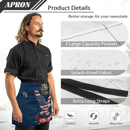 Server Apron with 3 Pockets, Waterproof Oil Waitress Waiter Half Apron for Restaurant Hotel Kitchen Cafe