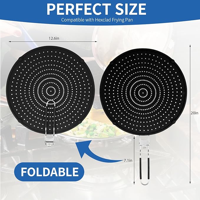 Splatter Screen Compatible with Hexclad,Heat Resistant Silicone with Folding Handle,Grease-Free Cooking,Dishwasher Safe,12.5 Inches,Black - Image 2