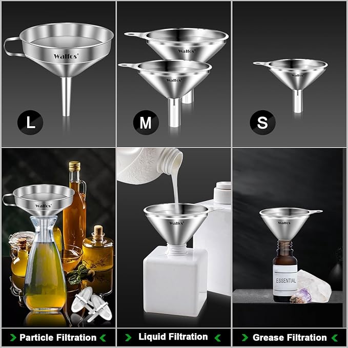 Stainless Steel Funnel, Walfos 4 Pack(4in、3 in、2.2 in、1.7in Kitchen Funnel with 2 Removable Strainer ＆ 1Pcs Cleaning Brush, Perfect for Transferring of Liquid, Oils, Jam, Dry Ingredients & Powder - Image 2