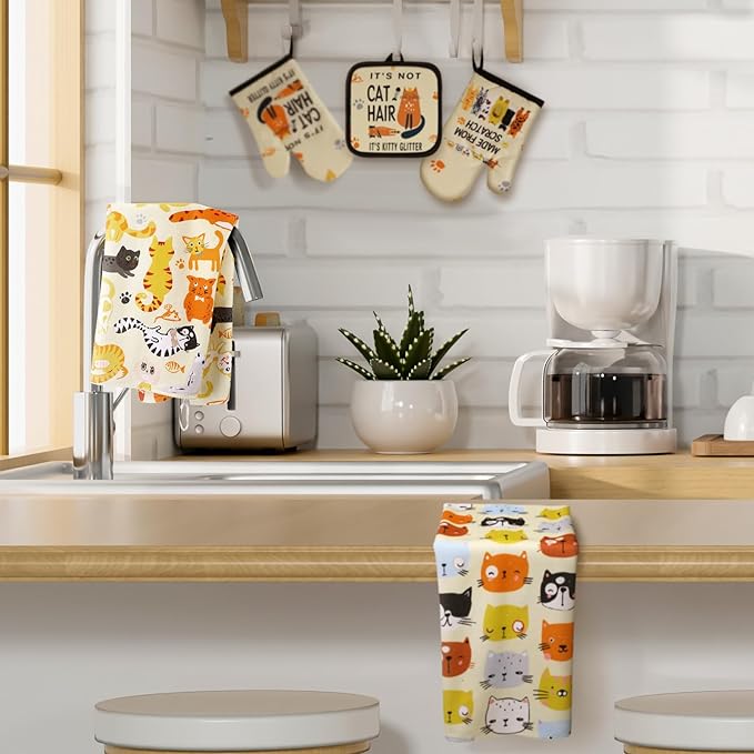 Jingmore 6 Pcs Kitchen Decor Set Accessorie Farmhouse Kitchen Towels Pot Holders Oven Mitts Set 2 Dish Towels 2 Pot Holders 2 Cooking Mittens Oven Glove for Cooking(Vivid Color,Cat) - Image 6
