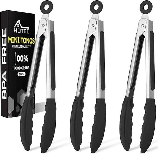 Hotec Mini Silicone Kitchen Tongs for Cooking - 7-Inch Small Serving Tongs with Silicone Tips, Set of 3 (Black) by Hotec