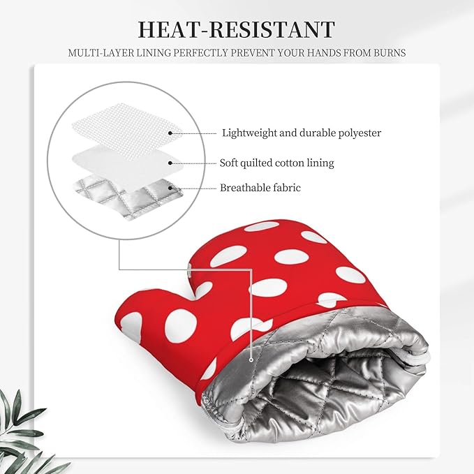 Red and White Polka Dot Oven Mitts and Pot Holders Sets of 4, Heat Resistant Silicone Oven Mittens and Potholders Gloves Hot Pads for Kitchen Cooking Baking Grilling BBQ Chef - Image 3