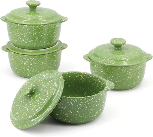 Oven-Safe 4-Pack Mini Ceramic Casserole Dishes (10 Oz Each) - With Lids & Handles - Ideal for Souffle, Soup, Cobbler, Stoneware Baking Ramekins for Individual Servings,Green