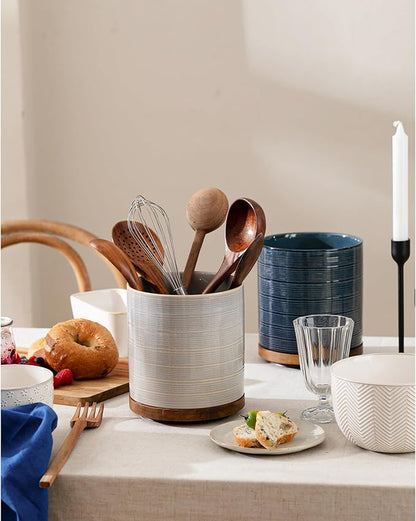 Utensil Holder, 360° Rotating Extra Large Ceramic Kitchen Utensil Holder for Countertop, 7.3“ Cooking Utensil Crocks for Kitchen Counter with Rotatable Wooden Base, Farmhouse Decor, Dusty Blue - Image 5