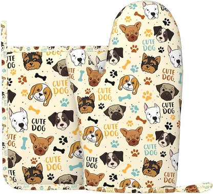 Cute Dog Oven Mitts and Pot Holders Set - Heat Resistant (500°F) Non-Slip Silicone Kitchen Gloves for Cooking, Baking, Grilling & BBQ - Kitchen Accessories for Women/Men, Gift Idea