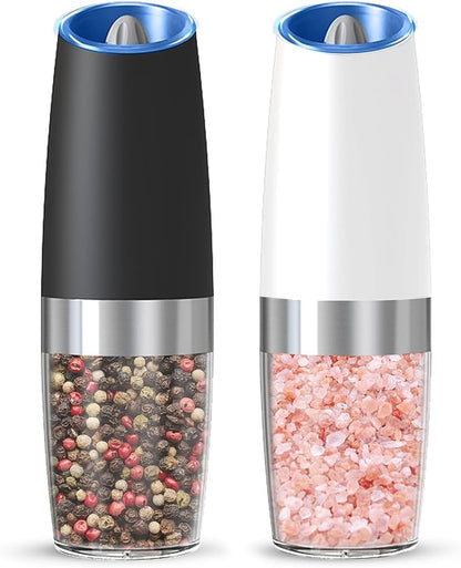 Gravity Electric Salt And Pepper Grinder Set, Automatic Salt And Pepper Grinder Set, Battery Powered (6 AAA Batteries Each), Adjustable Roughness, LED Light, 2 Pack, (Black+White) by KIARYUOLL