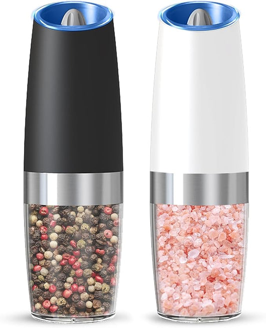 Gravity Electric Salt And Pepper Grinder Set, Automatic Salt And Pepper Grinder Set, Battery Powered (6 AAA Batteries Each), Adjustable Roughness, LED Light, 2 Pack, (Black+White) by KIARYUOLL