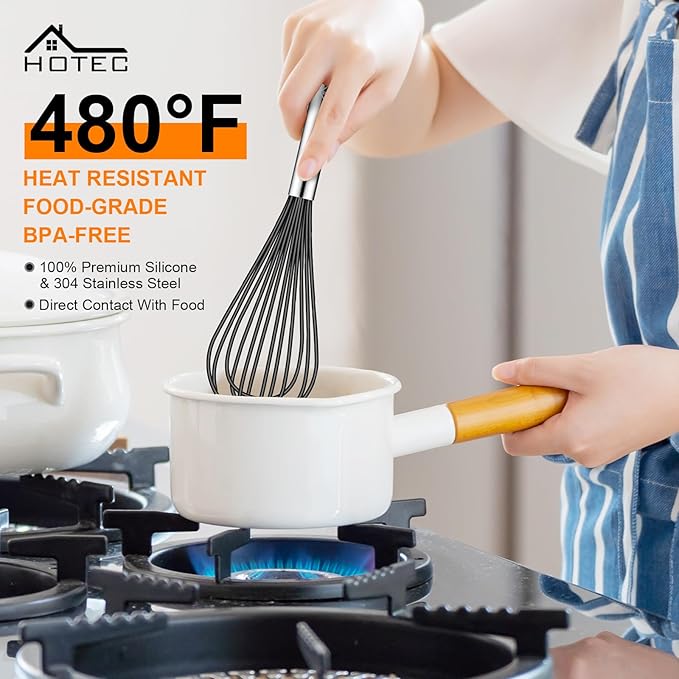 HOTEC 4 Pieces Silicone Whisks Set, Wire Balloon Whisks Egg Beater, Non-slip Handle Whisk for Non-stick Cookware Perfect for Cooking, Stirring, Beating and Blending (Black) - Image 3
