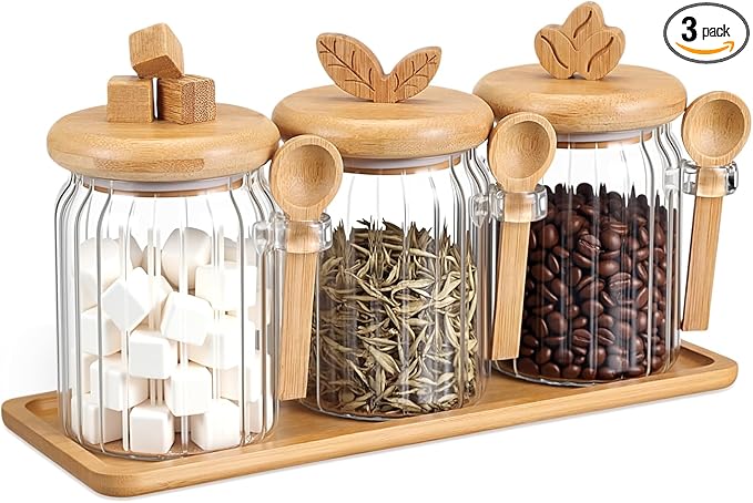 Suclain 3 Pcs Glass Coffee Container with Bamboo Color Lid & Spoon, 20.3 oz Airtight Glass Jar with Wooden Shelf, Food Storage Containers Coffee Jar Tea Container(Bamboo Color) by Suclain