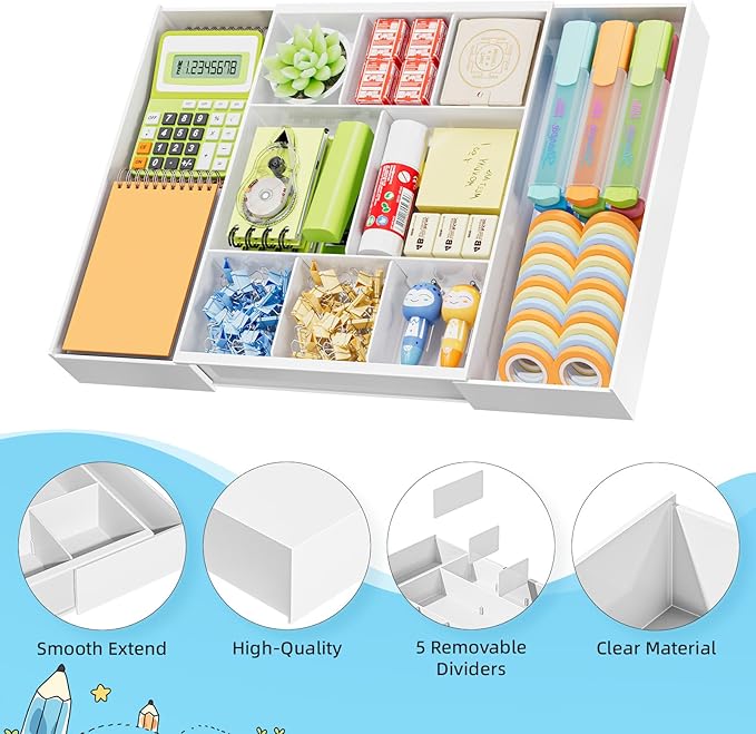 Marbrasse Expandable Desk Drawer Organizer, Clear Plastic Drawer Organizer Tray with 10 Adjustable Compartments, Desk Organizers and Accessories, 5 Drawer Dividers for Office Supplies, Makeup(White) - Image 7