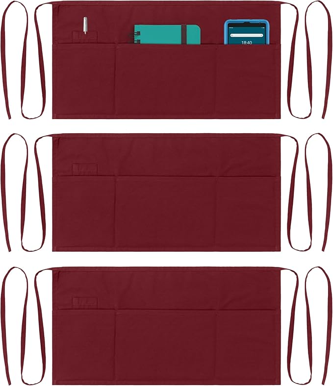Dreamology Waitress Apron,Aprons for Women With Pockets,Server Aprons with 3 pockets,Waiter Apron For Men and Women,Gardening and Waist Apron,Server Aprons Women - Maroon Waist Apron (3 Pack)