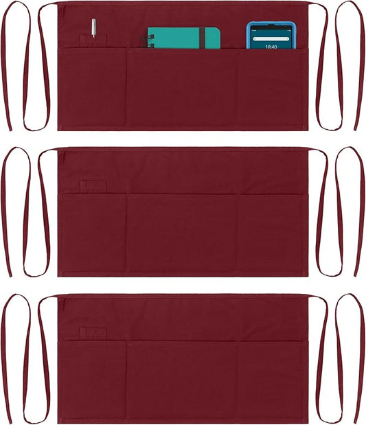 Dreamology Waitress Apron,Aprons for Women With Pockets,Server Aprons with 3 pockets,Waiter Apron For Men and Women,Gardening and Waist Apron,Server Aprons Women - Maroon Waist Apron (3 Pack)