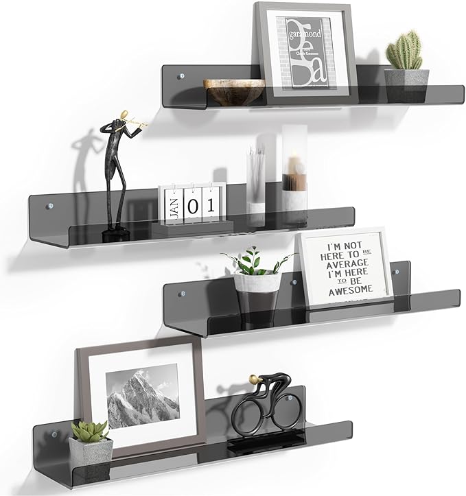 upsimples Acrylic Shelves for Wall Decor, 15" Display Shelf Perfume Organizer for Bathroom, Bedroom, Living Room, Floating Bookshelves for Kids, Clear Black, 4 Pack by upsimples