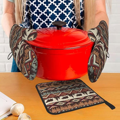 Vintage Rustic Oven Mitts and Pot Holders Sets of 3 Heat Resistant Hot Pads Bear Mountain Oven Gloves for Kitchen Cooking BBQ Baking - Image 7