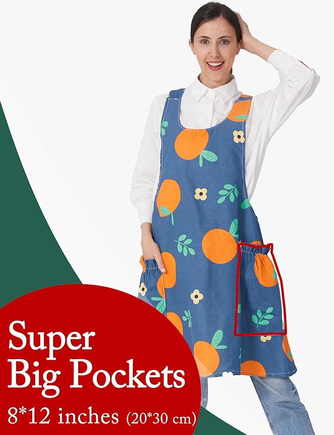 Cozy Adjustable Cross Back Aprons for Women with Pockets Cotton Linen Cooking Kitchen Baking