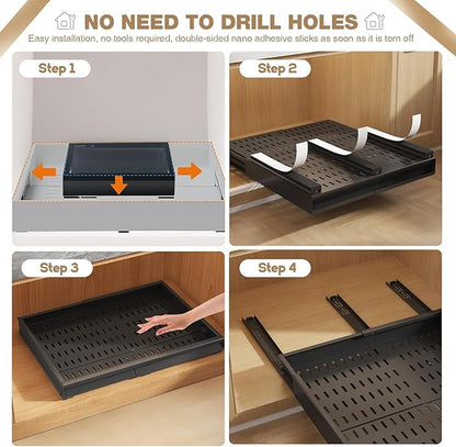 Seinloes 4 Pack Pull Out Cabinet Organizer With Raising Pad for Framed Cabinets,Expandable Width (13"-21") and Depth (17"-24"),3 Slide Rails Slide Out Drawers with Handle,No-Drill Roll Out Shelf,Black - Image 8