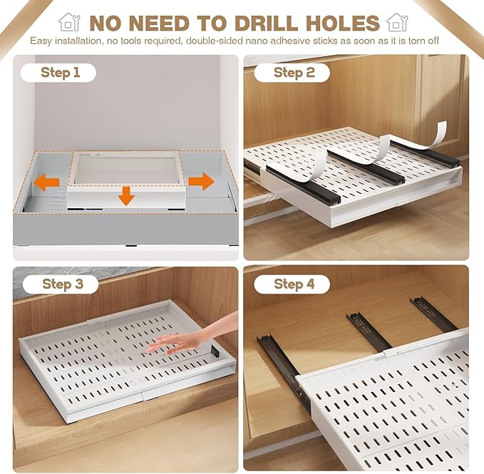 Seinloes 2 Pack Pull Out Cabinet Organizer With Raising Pad for Framed Cabinets,Expandable Width (11"-16") and Depth (13"-17"),3 Slide Rails Slide Out Drawers with Handle,No-Drill Roll Out Shelf,White - Image 7