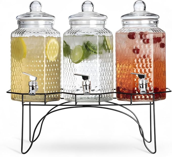 MosJos Drink Dispenser Set of 3 - Beverage Dispenser with Stand - Glass Drink Dispensers for Lemonade, Juice, Water, Iced Tea, Punch - 1-Gallon Countertop Party Drink Dispensers - Image 7