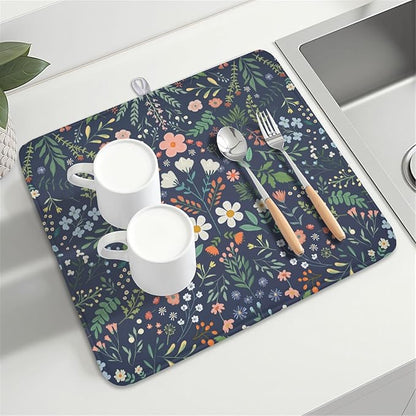 Floral Dish Drying Mat for Kitchen Counter Rustic Flower Leaves Print Microfiber Dish Drainer Mat Farmhouse Floral Absorbent Washable Drying Pad 16"x18"