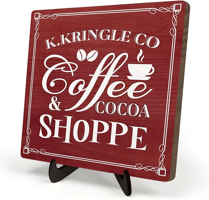 Kringle Coffee & Cocoa Shoppe Sign – 5.9 x 5.9 Inch Wooden Christmas Decor Plaque with Stand, Vintage Holiday Coffee Bar Sign for Kitchen, Cocoa Station, Hot Drink Corner (Red) by DMADNF