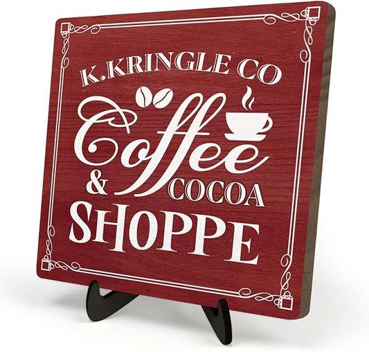 Kringle Coffee & Cocoa Shoppe Sign – 5.9 x 5.9 Inch Wooden Christmas Decor Plaque with Stand, Vintage Holiday Coffee Bar Sign for Kitchen, Cocoa Station, Hot Drink Corner (Red) by DMADNF
