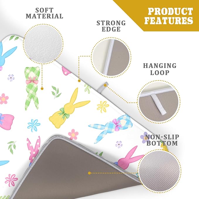 Easter Dish Drying Mat for Kitchen Counter Cute Bunny Floral Holiday Microfiber Absorbent Dish Draining Reusable Washable Foldable Extra Large 18"x24" - Image 4