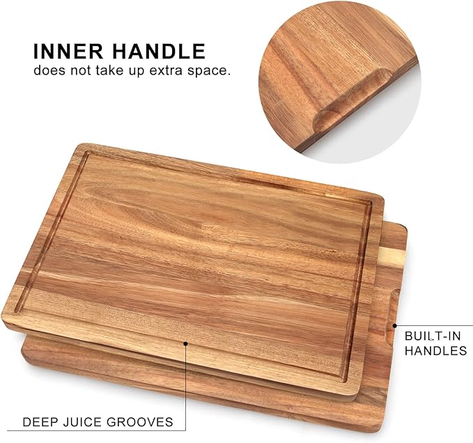 Solid Wooden Cutting Board Set of 3 Acacia Wood Charcuterie Boards Set Hardwood Meat Chopping Board Butcher Blocks Safe Non Toxic Large Cutting Boards for Kitchen Decor Bread Serving Cheese Board - Image 4