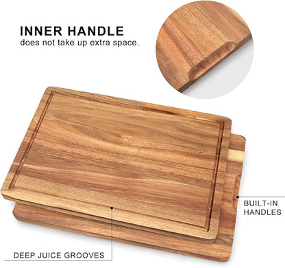 Solid Wooden Cutting Board Set of 3 Acacia Wood Charcuterie Boards Set Hardwood Meat Chopping Board Butcher Blocks Safe Non Toxic Large Cutting Boards for Kitchen Decor Bread Serving Cheese Board - Image 4