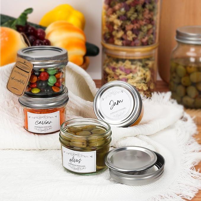 Eathtek Small Mason Jars 8 Pack, 4oz/120ml Mini Canning Jars with Regular Lids for Jelly Herbs Spice Honey Storage, Small Glass Jars Candle jars, Extra Lids Tags Label Included