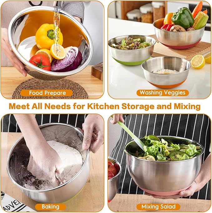 CHAREADA Mixing Bowls with Airtight Lids, 18pcs Stainless Steel Nesting Mixing Bowls Set Non-slip Silicone Bottom, Size 4.5, 3.6, 2.7, 2.1, 1.7, 1.1, 0.7 qt, Fit for Mixing & Serving(Colorful) - Image 6