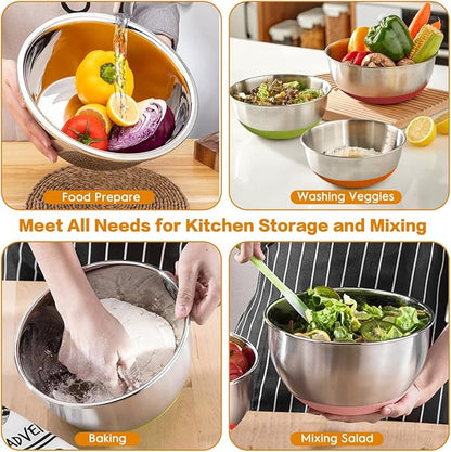 CHAREADA Mixing Bowls with Airtight Lids, 18pcs Stainless Steel Nesting Mixing Bowls Set Non-slip Silicone Bottom, Size 4.5, 3.6, 2.7, 2.1, 1.7, 1.1, 0.7 qt, Fit for Mixing & Serving(Colorful) - Image 6