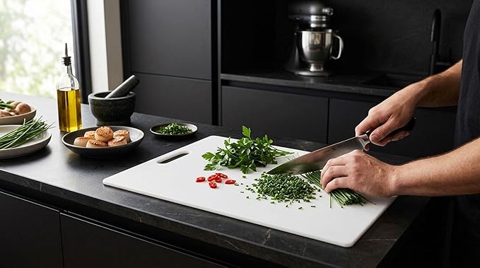 Farberware Extra-Large Plastic Cutting Board, Dishwasher- Safe Poly Chopping Board for Kitchen Meal Prep with Easy Grip Handle, 12-inch by 18-inch, White - Image 10