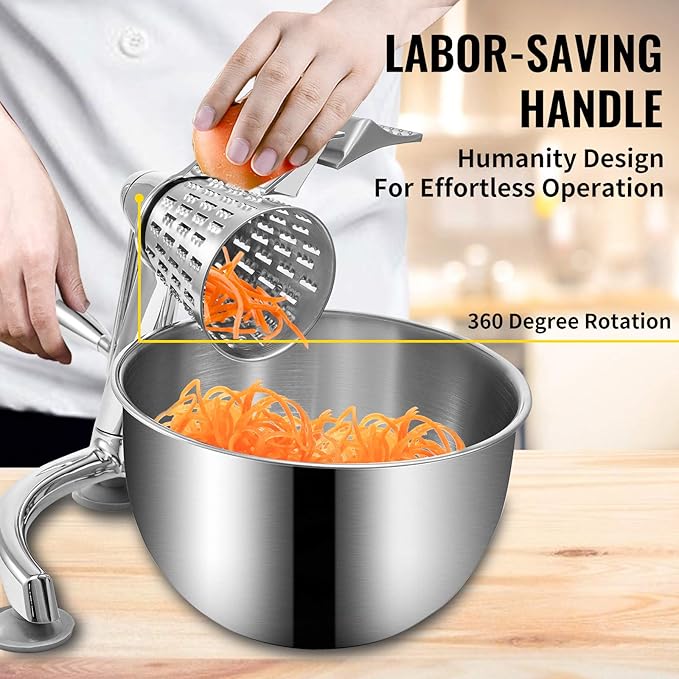 VEVOR Rotary Cheese Grater, Zinc Alloy Rotary Vegetable Mandoline, Manual Cheese Mandoline w/ 5 Stainless Steel Cutting Cones, Manual Vegetable Grater w/ 2.5L Bowl, Rotary Shredder w/Suction Base - Image 5