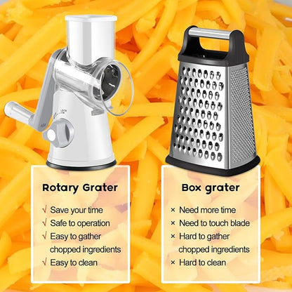 Ourokhome Rotary Cheese Grater Hand Crank, Kitchen Shredder Speed Mandolin Slicer Nuts Grinder with Handle and Drum Blades for Cheese, Vegetable, Walnuts, Chocolate, Potato, Carrot, 3 Blades, White - Image 6
